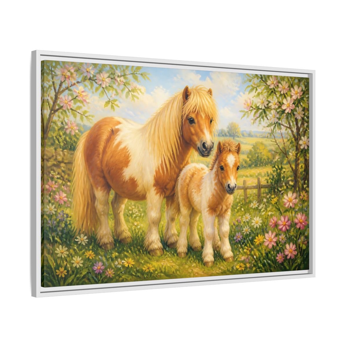Side Mockup 9. Animals Ponies Ponies In Spring shown as stretched canvas wall art