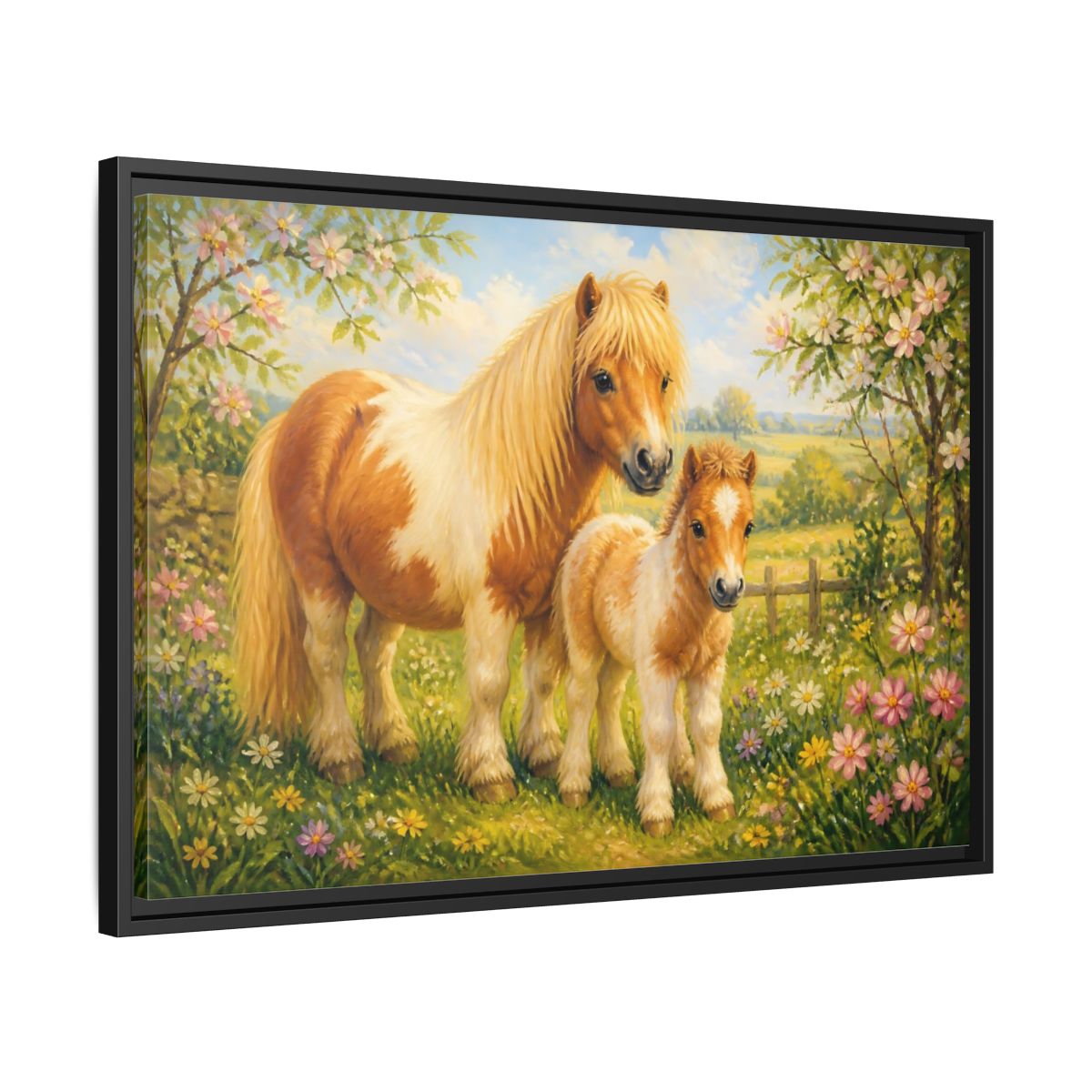 Side Mockup 14. Animals Ponies Ponies In Spring shown as stretched canvas wall art
