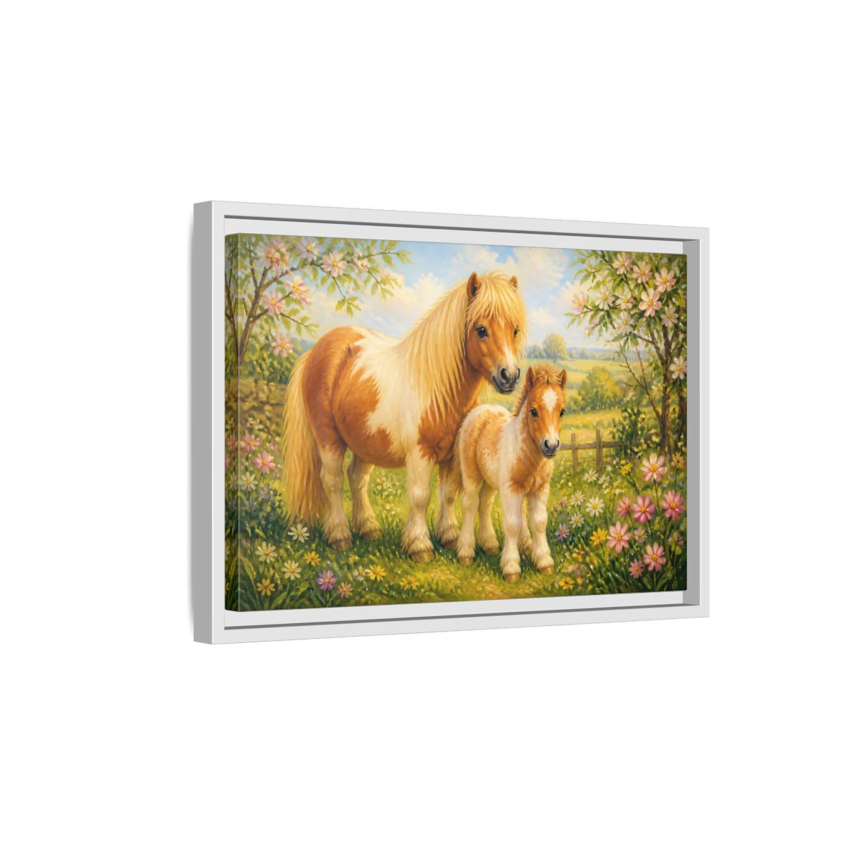 Side Mockup 4. Animals Ponies Ponies In Spring shown as stretched canvas wall art