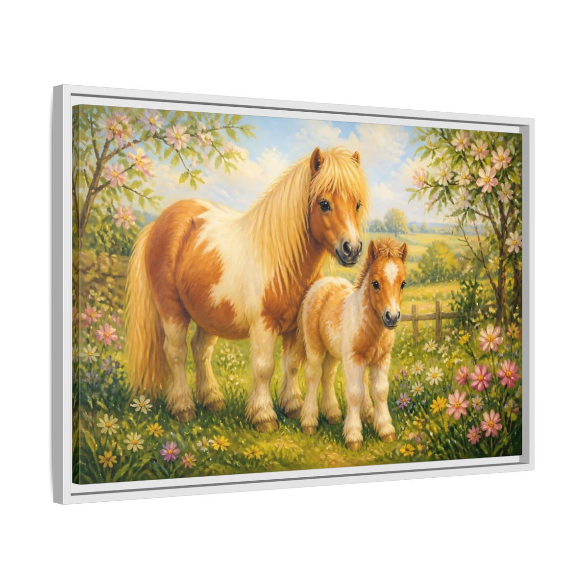 Side Mockup 10. Animals Ponies Ponies In Spring shown as stretched canvas wall art