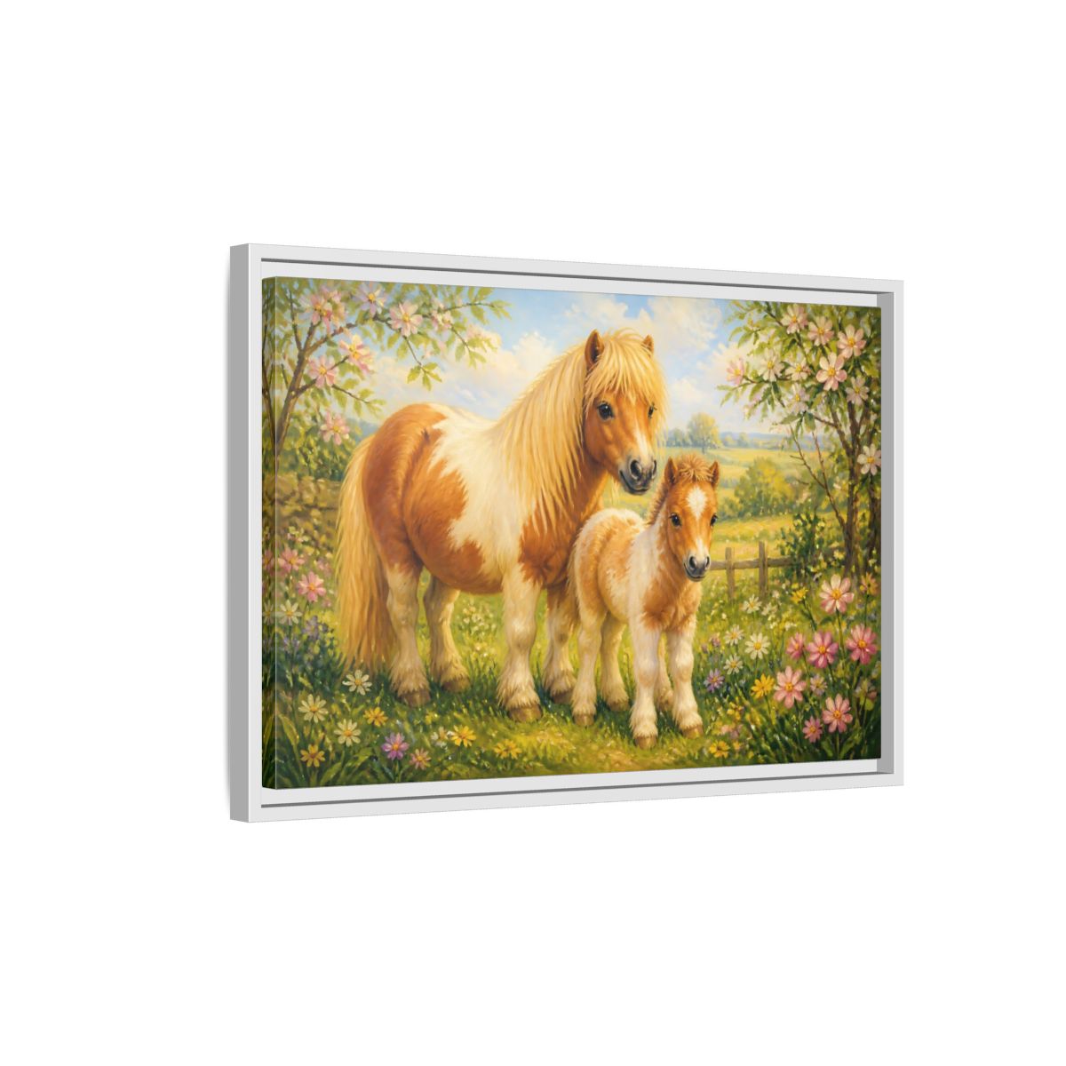 Side Mockup 1. Animals Ponies Ponies In Spring shown as stretched canvas wall art