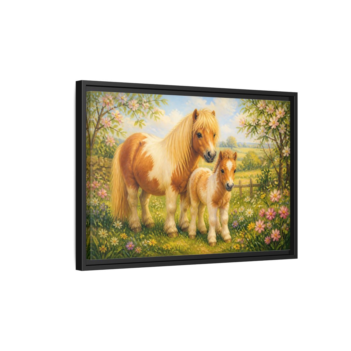 Side Mockup 3. Animals Ponies Ponies In Spring shown as stretched canvas wall art