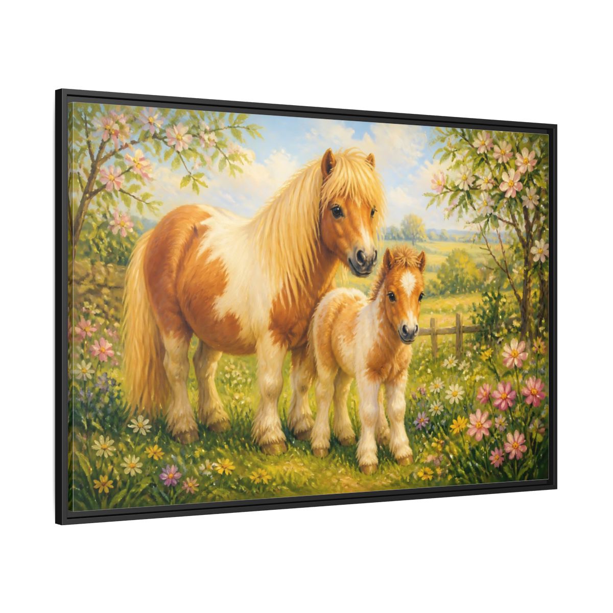 Side Mockup 12. Animals Ponies Ponies In Spring shown as stretched canvas wall art