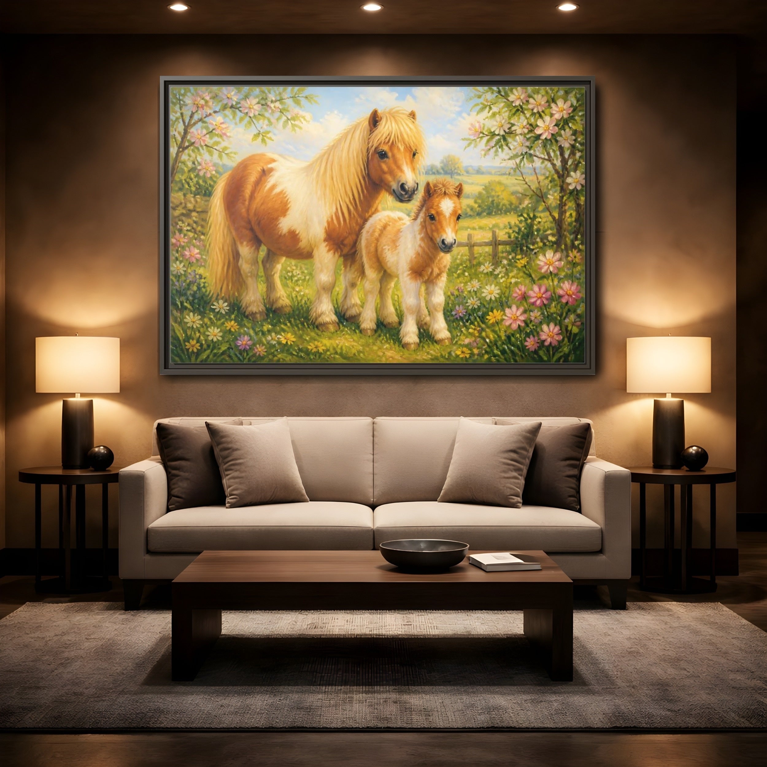 Mockup 2. Animals Ponies Ponies In Spring shown as stretched canvas wall art