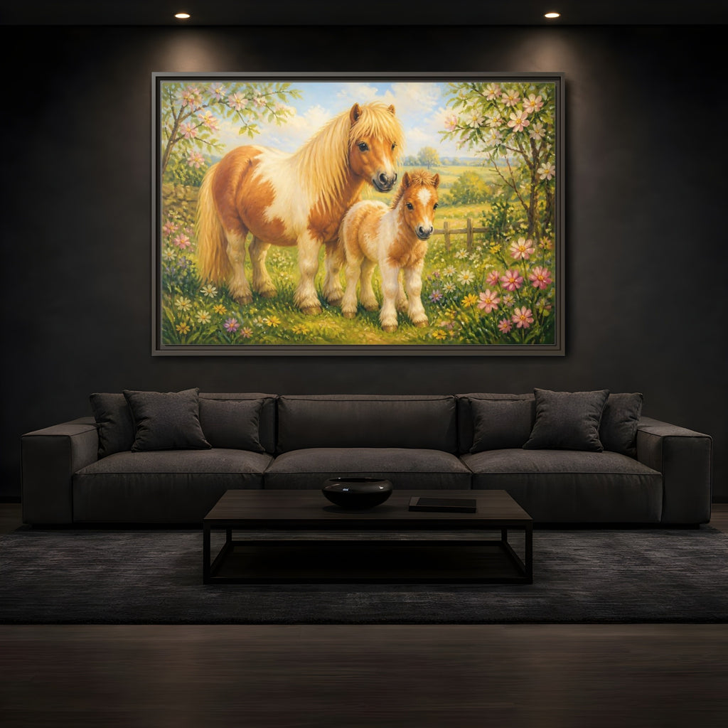 Mockup 3. Animals Ponies Ponies In Spring shown as stretched canvas wall art