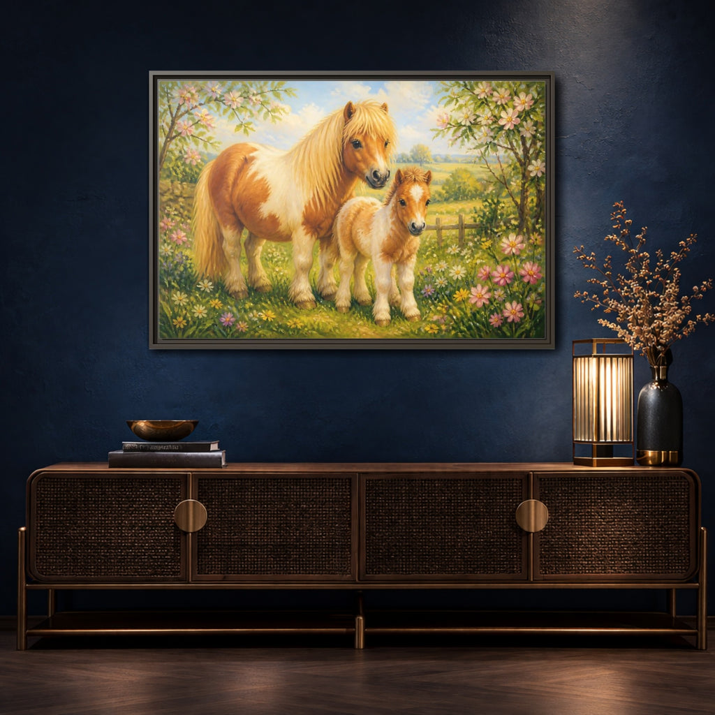 Mockup 4. Animals Ponies Ponies In Spring shown as stretched canvas wall art