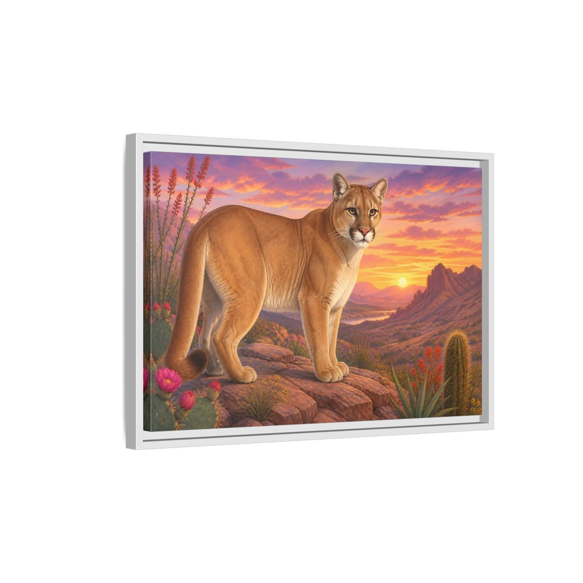 Side Mockup 1. Animals Puma Puma Desert Sunset shown as stretched canvas wall art