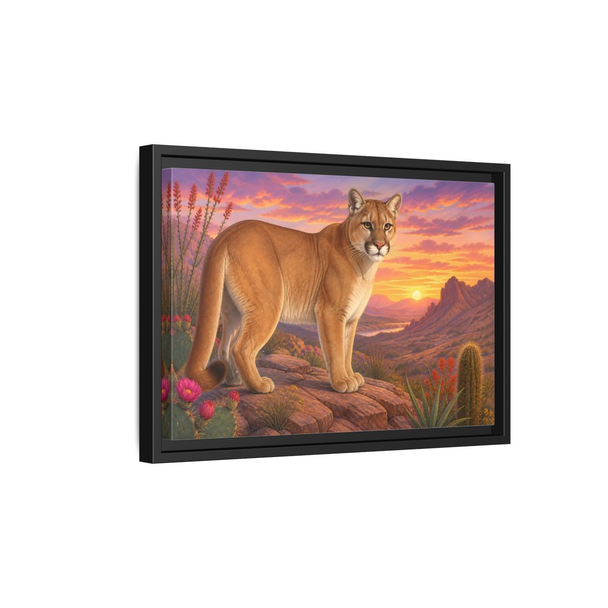 Side Mockup 6. Animals Puma Puma Desert Sunset shown as stretched canvas wall art