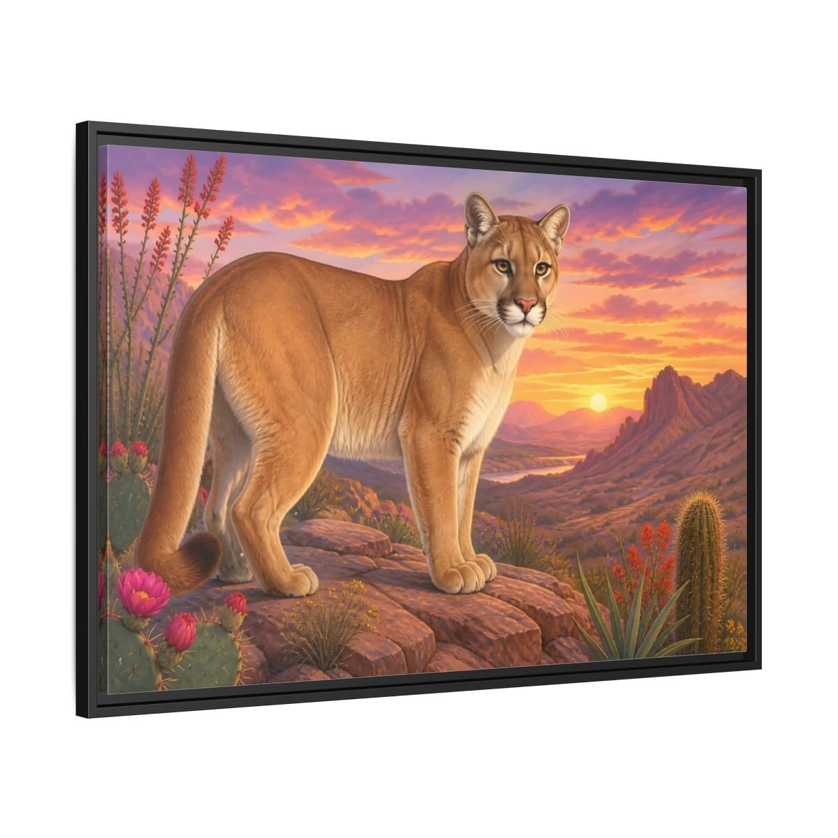 Side Mockup 13. Animals Puma Puma Desert Sunset shown as stretched canvas wall art