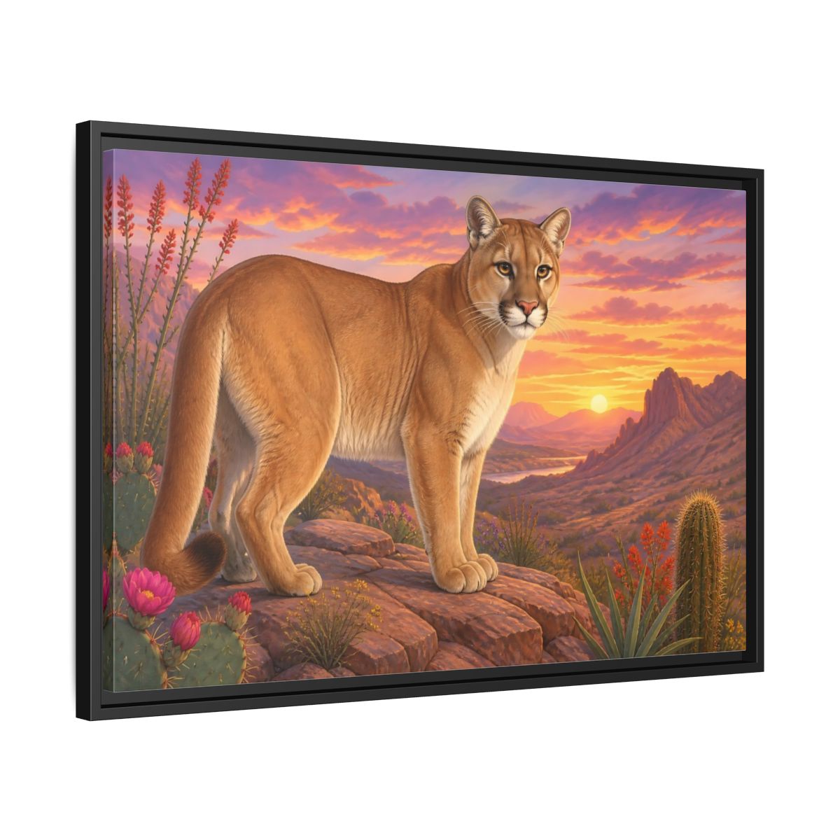 Side Mockup 14. Animals Puma Puma Desert Sunset shown as stretched canvas wall art