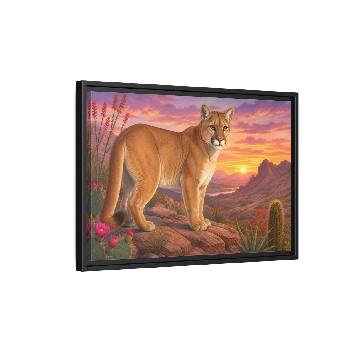 Side Mockup 3. Animals Puma Puma Desert Sunset shown as stretched canvas wall art