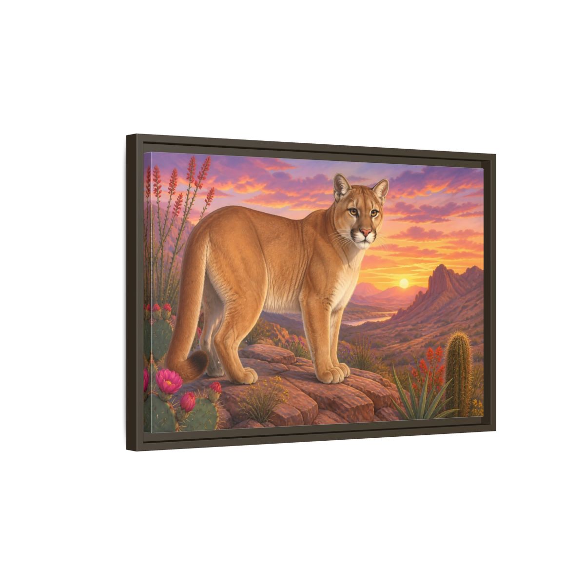 Side Mockup 2. Animals Puma Puma Desert Sunset shown as stretched canvas wall art