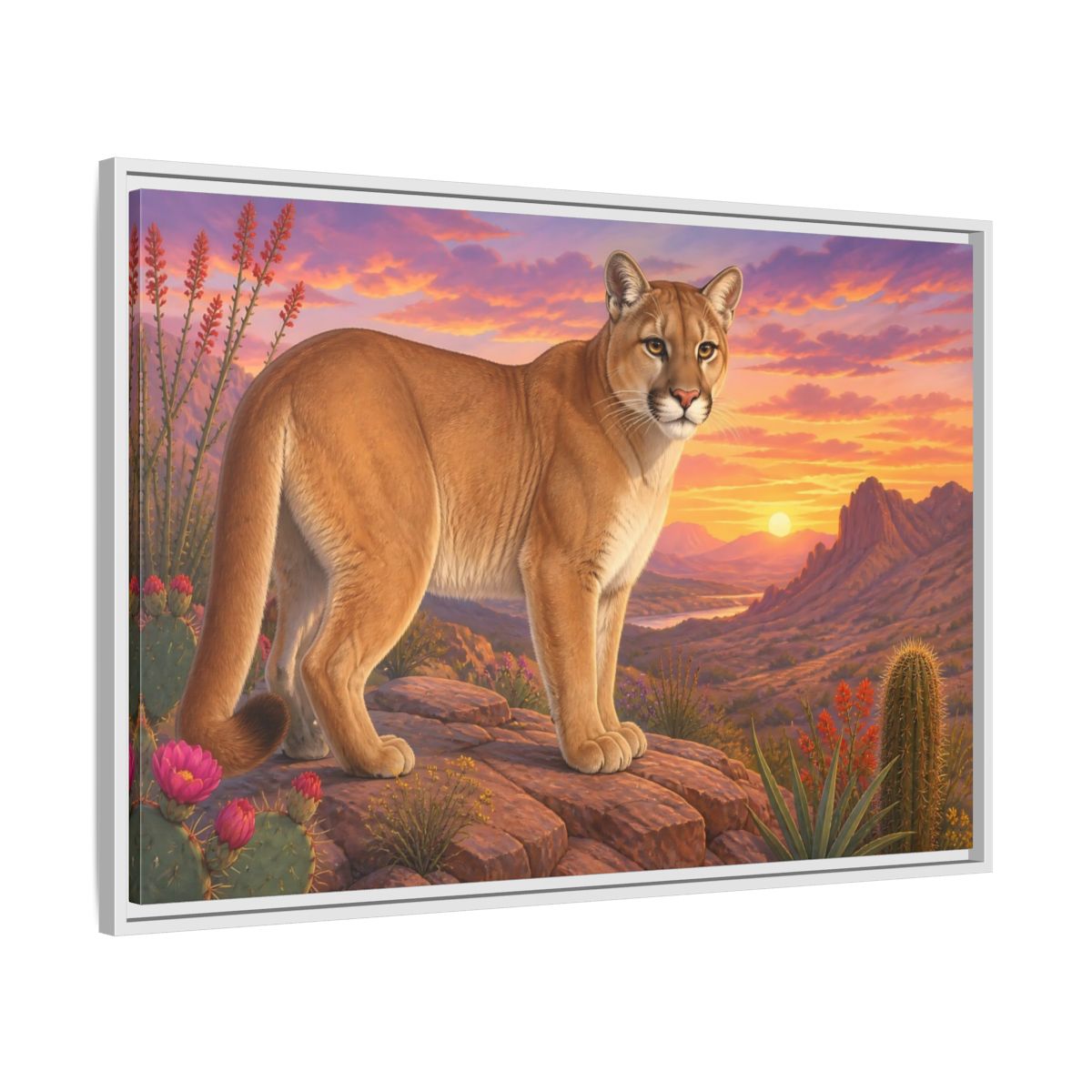 Side Mockup 9. Animals Puma Puma Desert Sunset shown as stretched canvas wall art