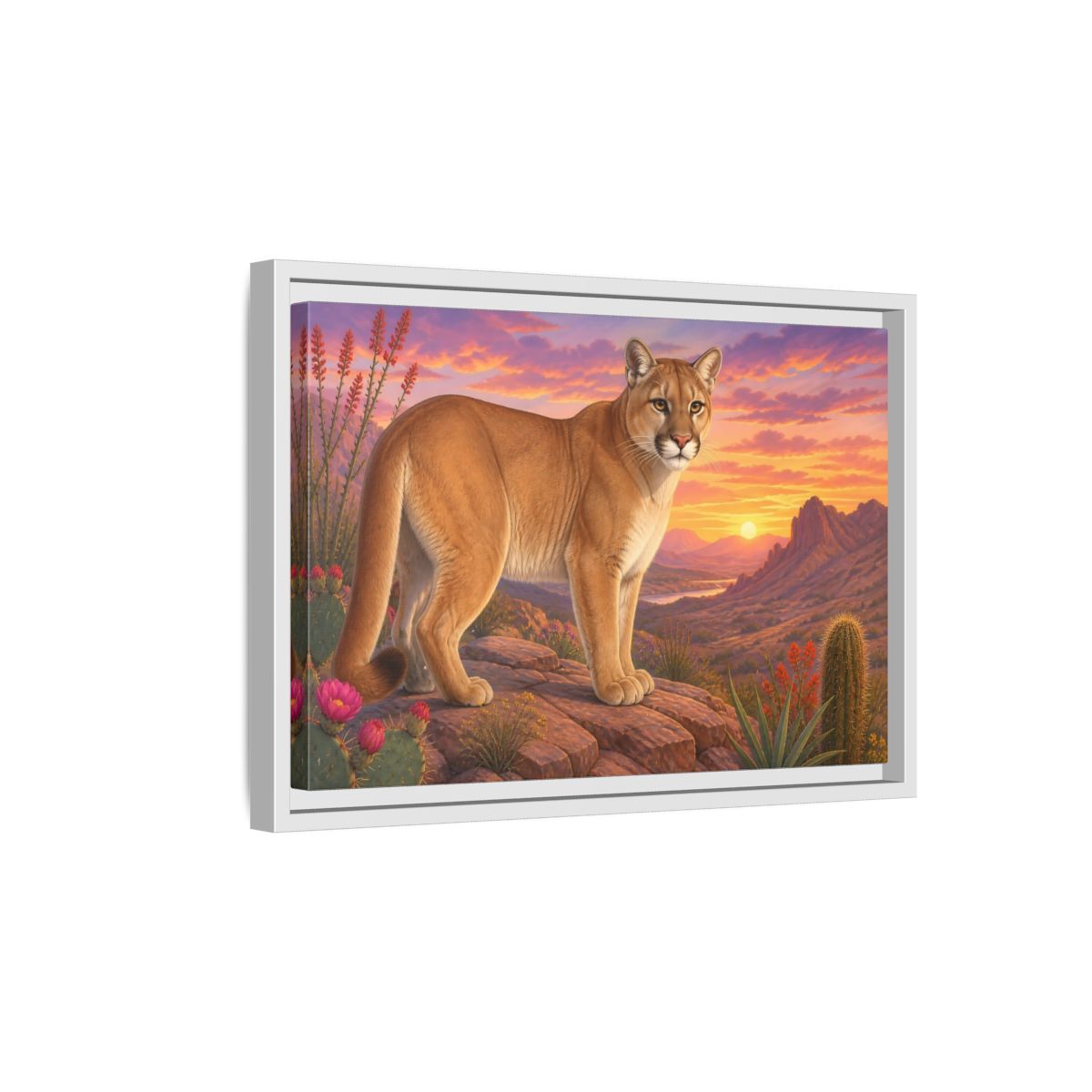 Side Mockup 4. Animals Puma Puma Desert Sunset shown as stretched canvas wall art
