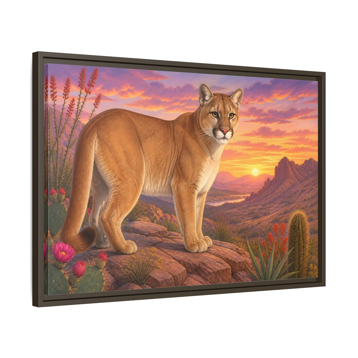 Side Mockup 11. Animals Puma Puma Desert Sunset shown as stretched canvas wall art