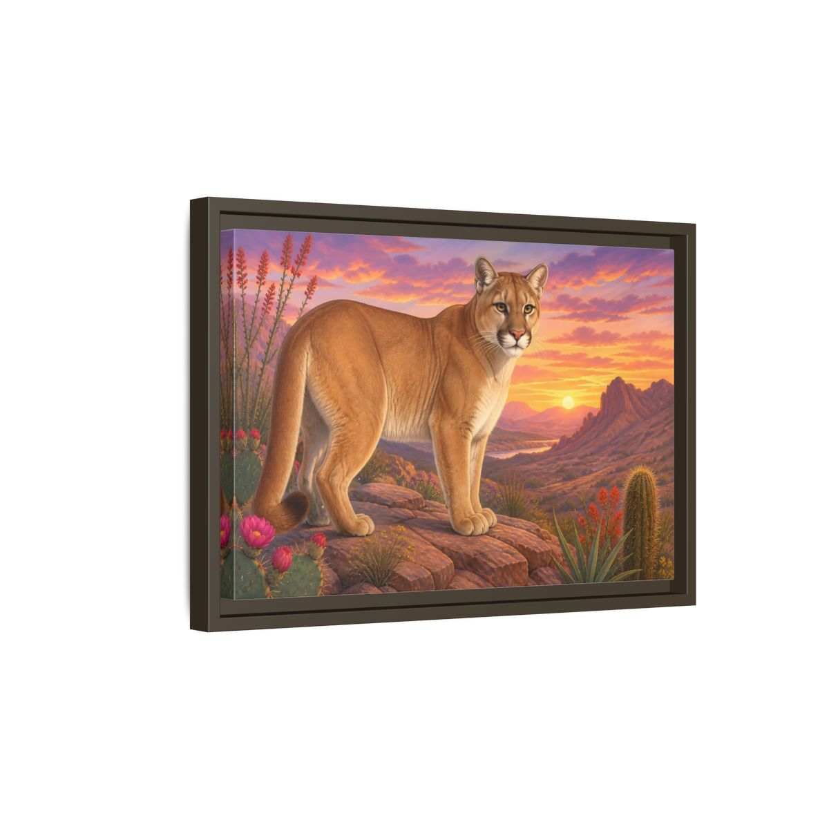 Side Mockup 5. Animals Puma Puma Desert Sunset shown as stretched canvas wall art