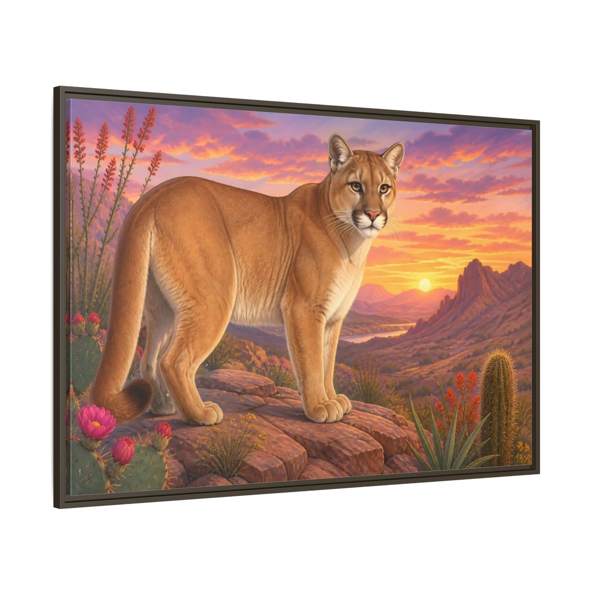 Side Mockup 8. Animals Puma Puma Desert Sunset shown as stretched canvas wall art