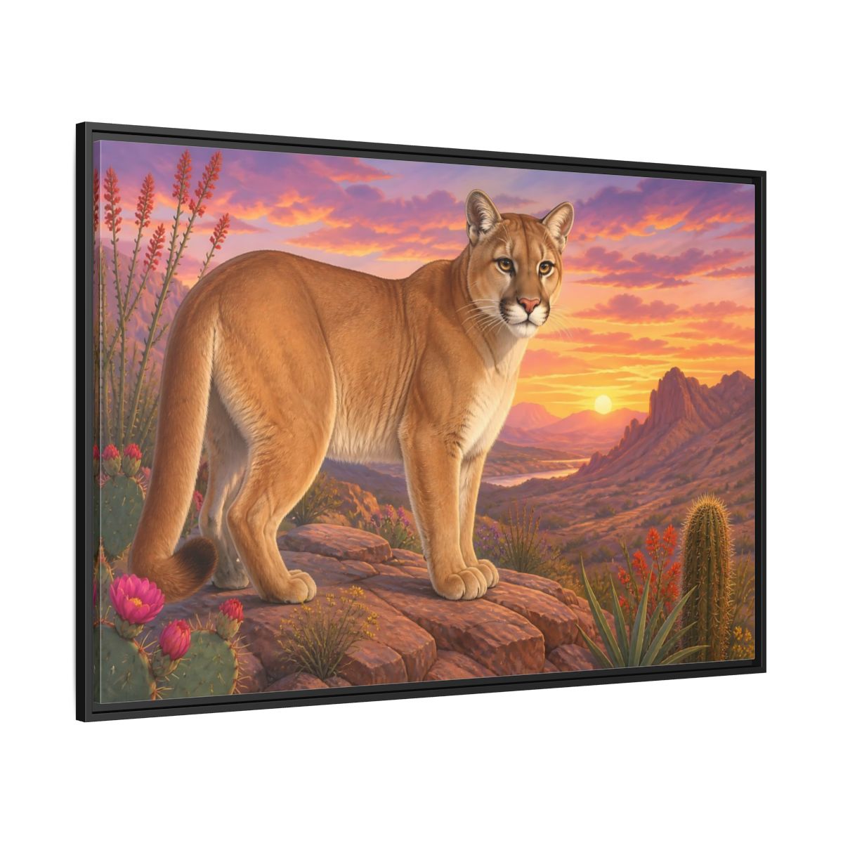 Side Mockup 12. Animals Puma Puma Desert Sunset shown as stretched canvas wall art