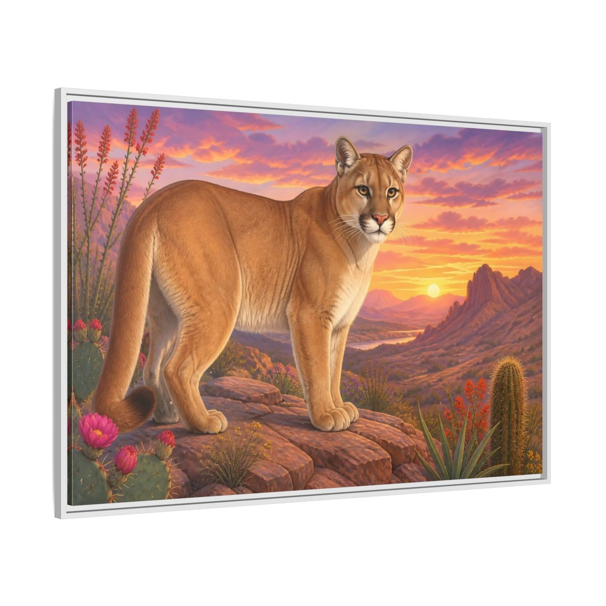 Side Mockup 7. Animals Puma Puma Desert Sunset shown as stretched canvas wall art
