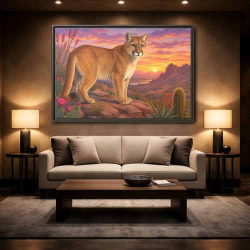 Mockup 2. Animals Puma Puma Desert Sunset shown as stretched canvas wall art