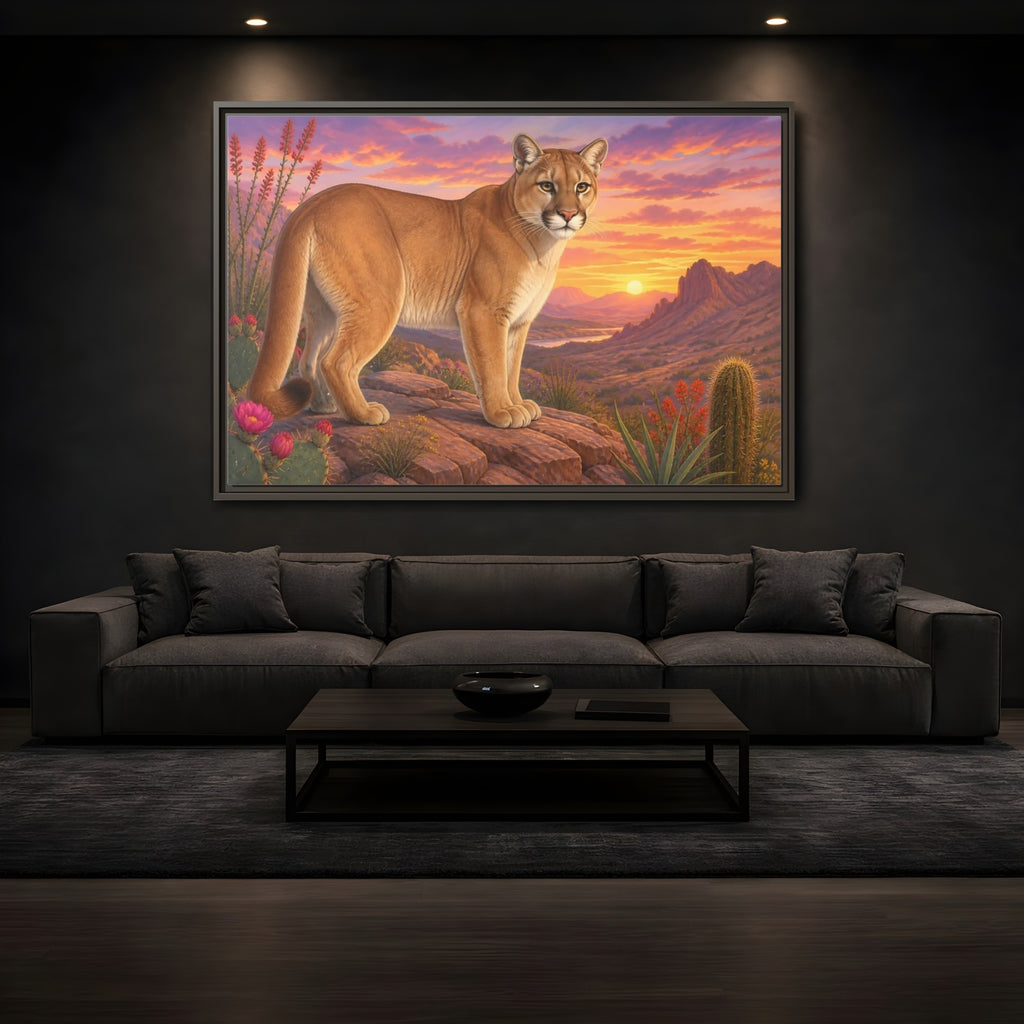 Mockup 3. Animals Puma Puma Desert Sunset shown as stretched canvas wall art