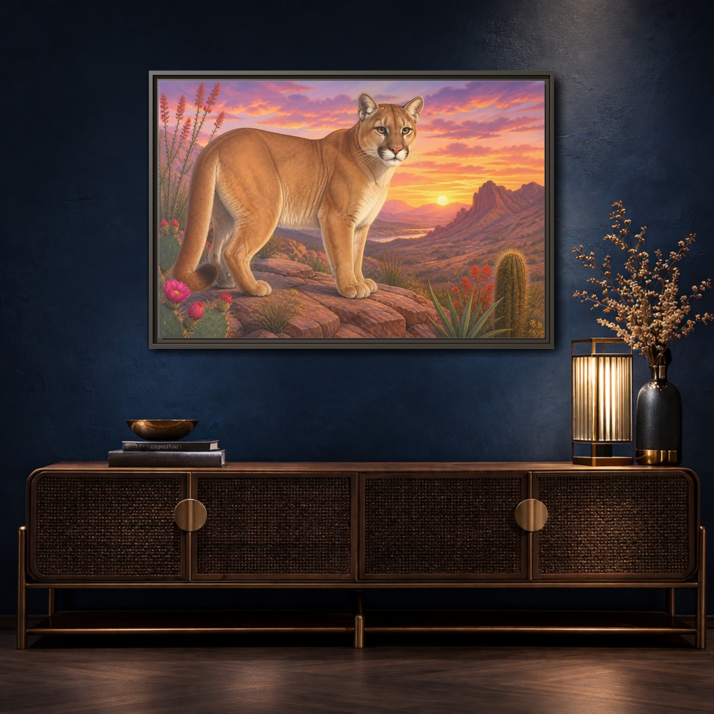 Mockup 4. Animals Puma Puma Desert Sunset shown as stretched canvas wall art