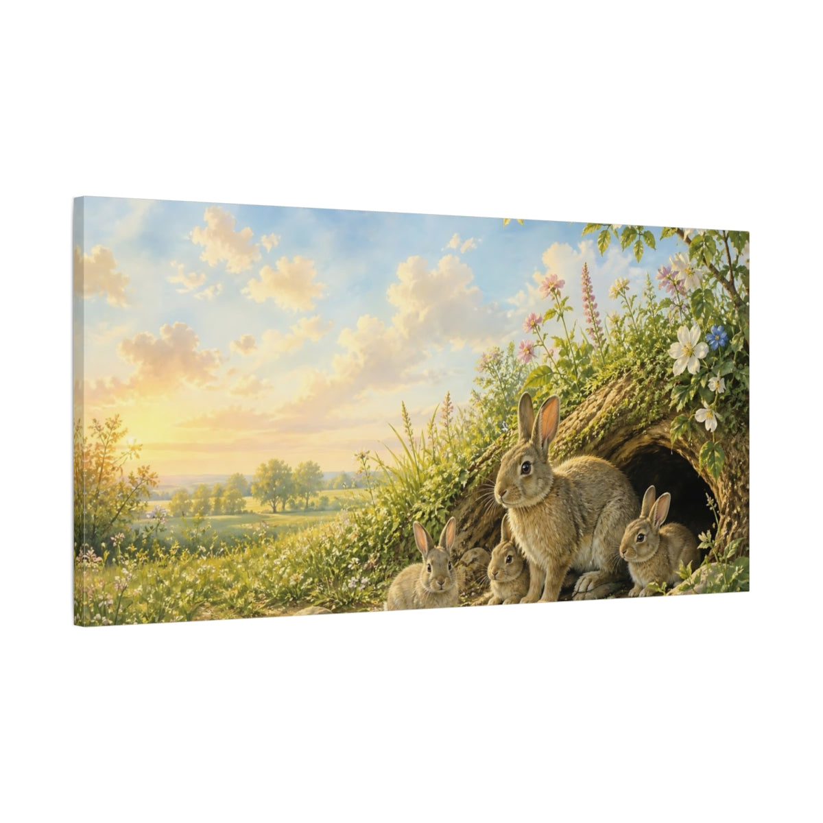 Main Mockup. Animals Rabbit Family Green And Brown shown as stretched canvas wall art