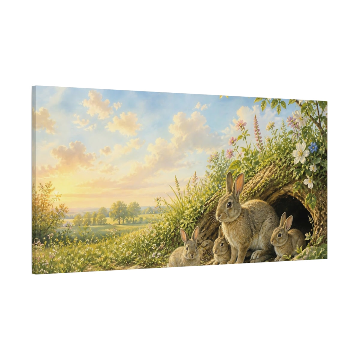 Side Mockup 2. Animals Rabbit Family Green And Brown shown as stretched canvas wall art