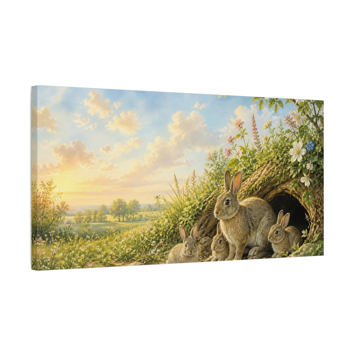 Side Mockup 1. Animals Rabbit Family Green And Brown shown as stretched canvas wall art