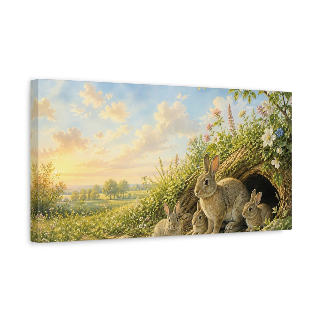 Side Mockup 3. Animals Rabbit Family Green And Brown shown as stretched canvas wall art