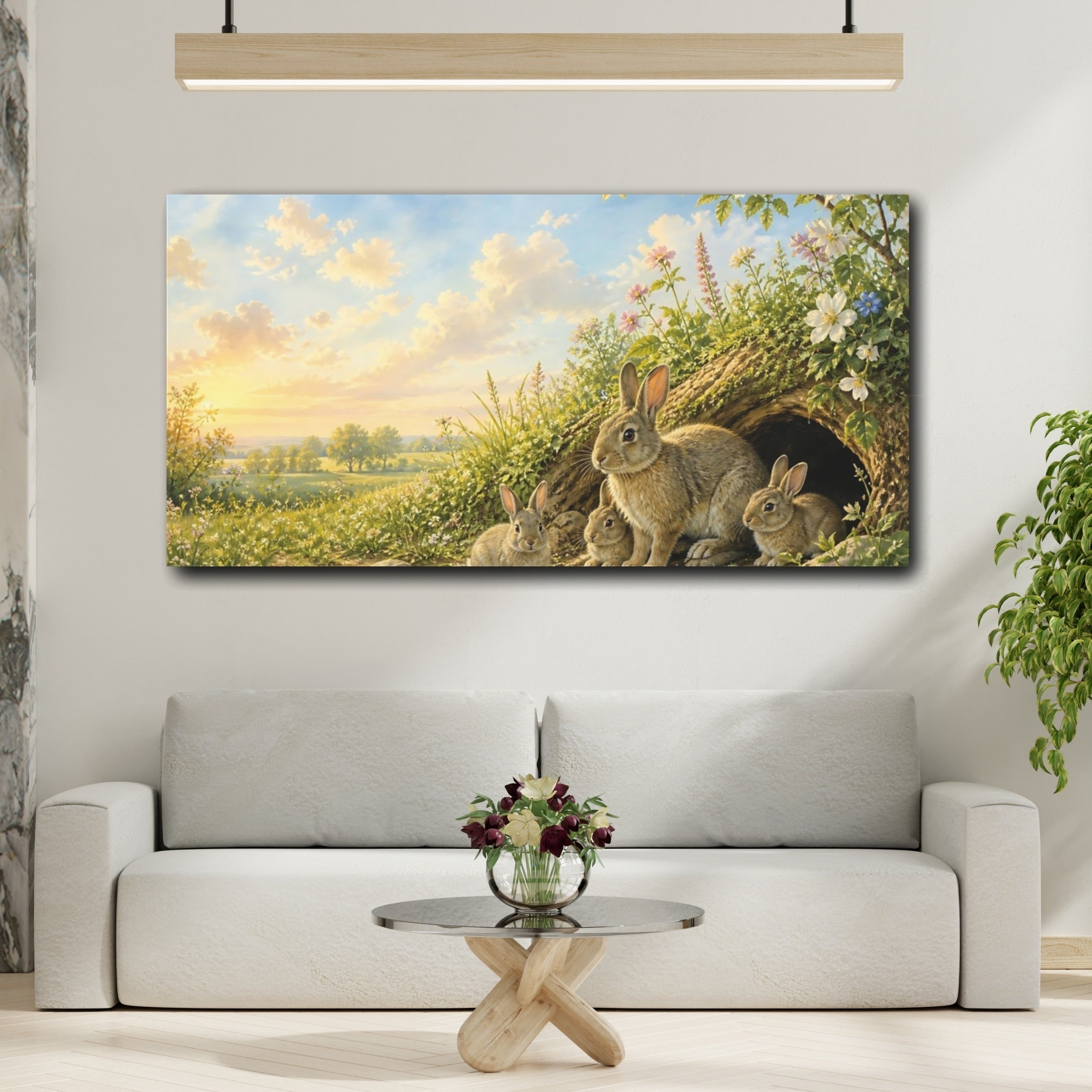 Mockup 2. Animals Rabbit Family Green And Brown shown as stretched canvas wall art