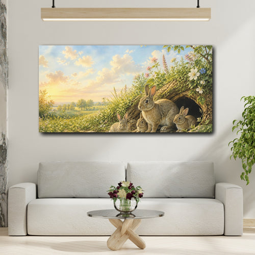 Mockup 2. Animals Rabbit Family Green And Brown shown as stretched canvas wall art