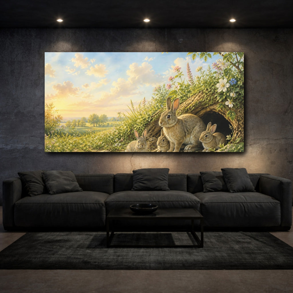 Mockup 3. Animals Rabbit Family Green And Brown shown as stretched canvas wall art