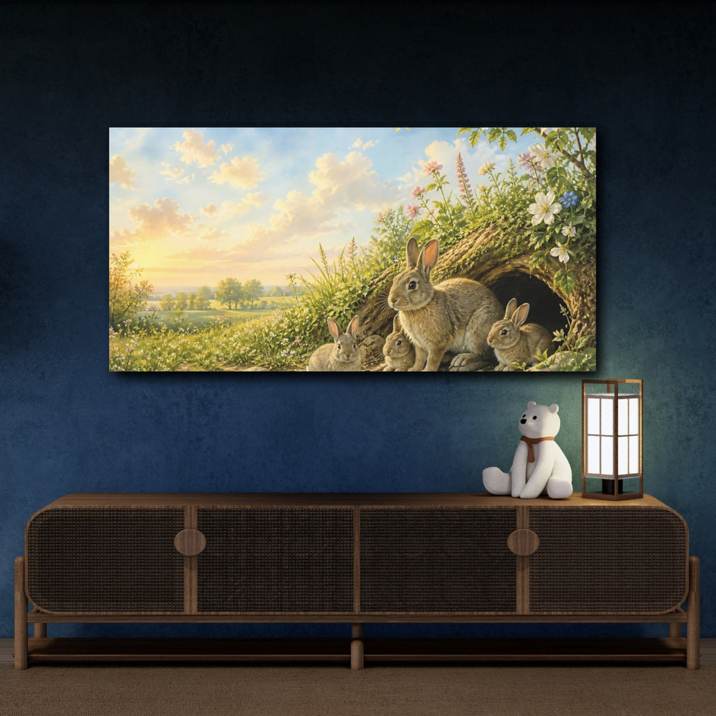 Mockup 4. Animals Rabbit Family Green And Brown shown as stretched canvas wall art