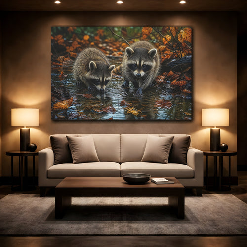 Mockup 2. Animals Raccoons Brown Raccoons shown as stretched canvas wall art
