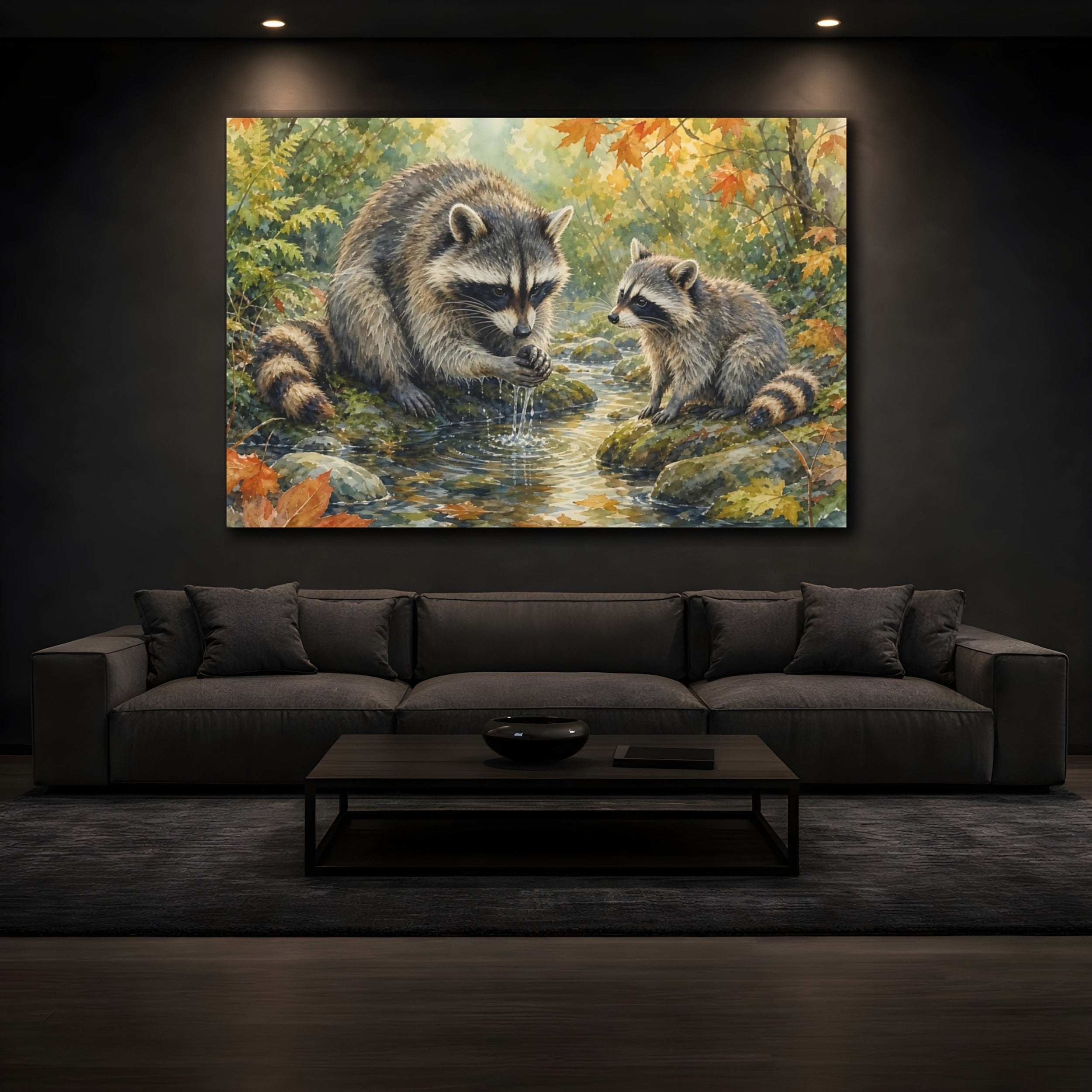 Mockup 3. Animals Raccoons Raccoon Woodland shown as canvas print