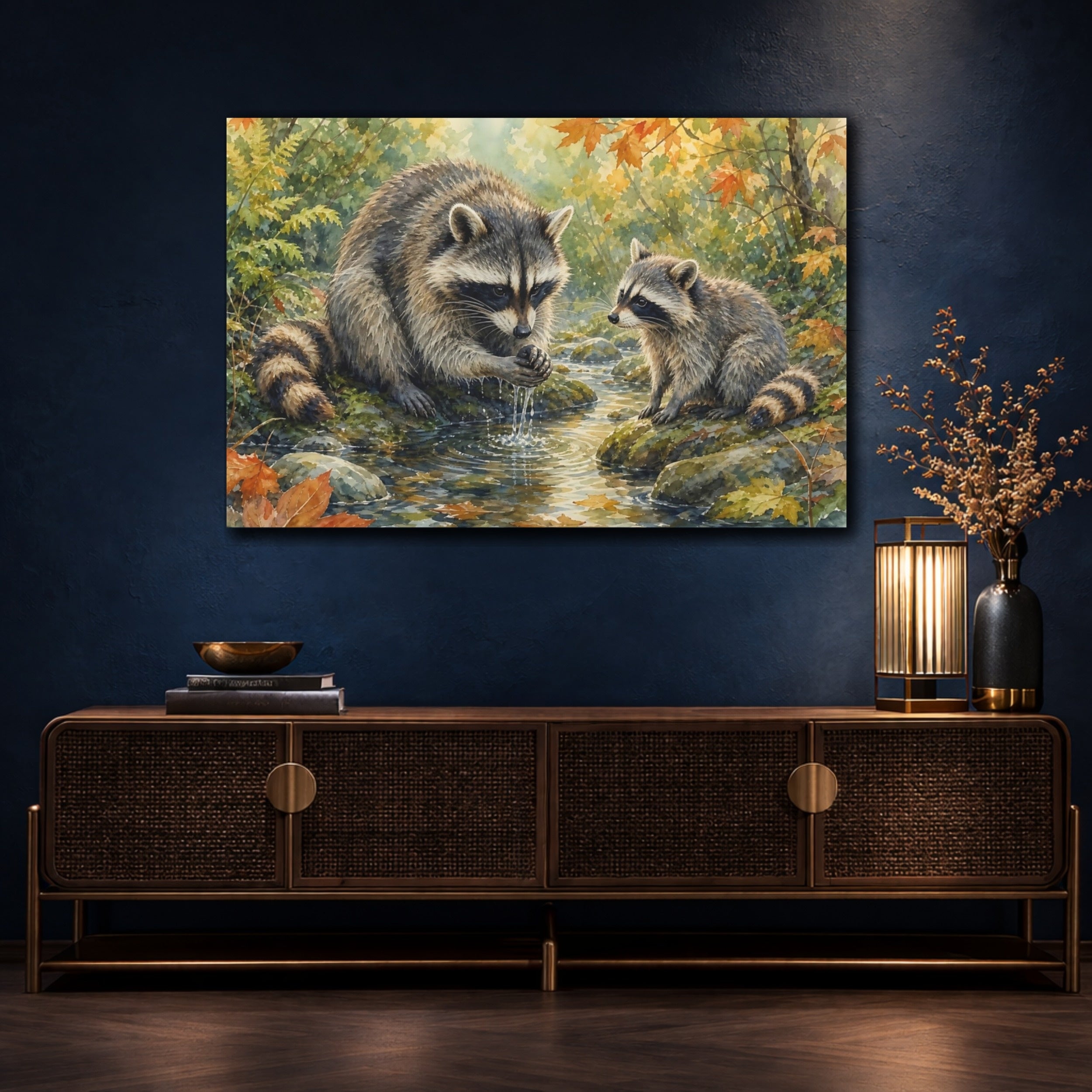 Mockup 4. Animals Raccoons Raccoon Woodland shown as canvas print