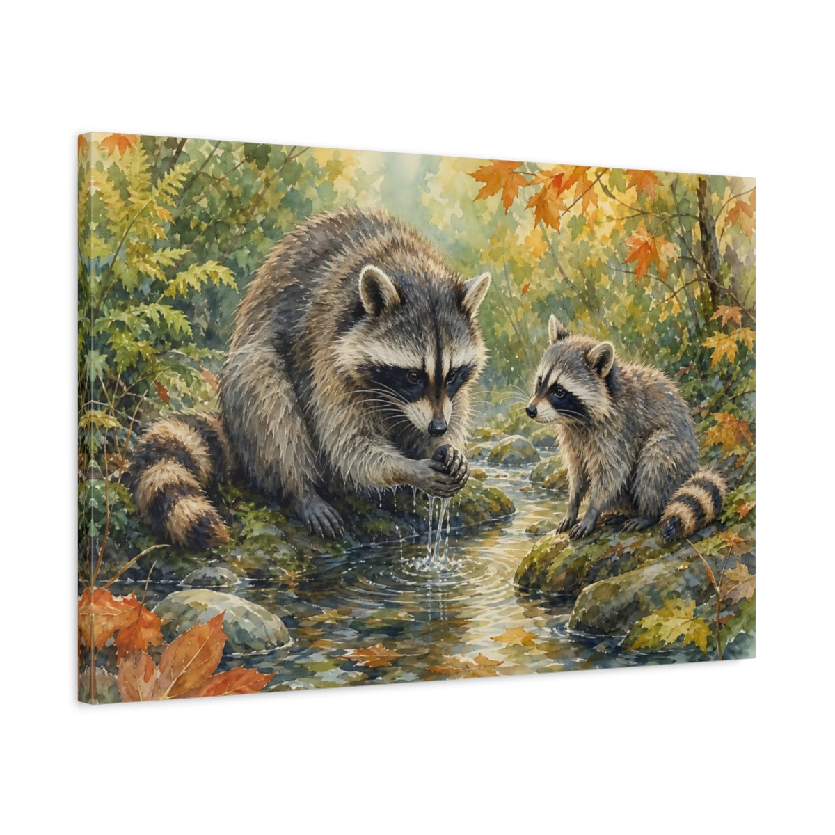 Side Mockup 2. Animals Raccoons Raccoon Woodland shown as canvas print