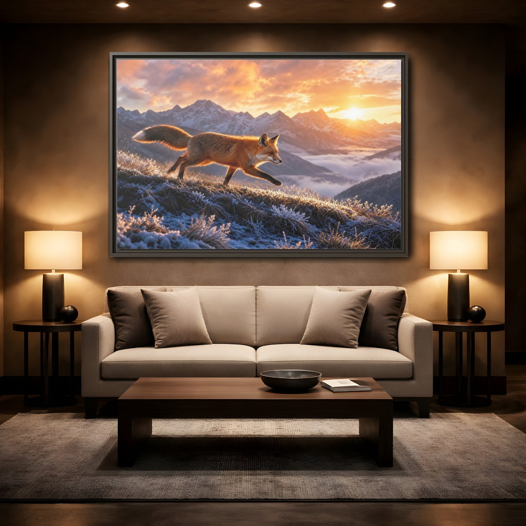 Mockup 2. Animals Red Fox Red Fox Sunset shown as stretched canvas wall art