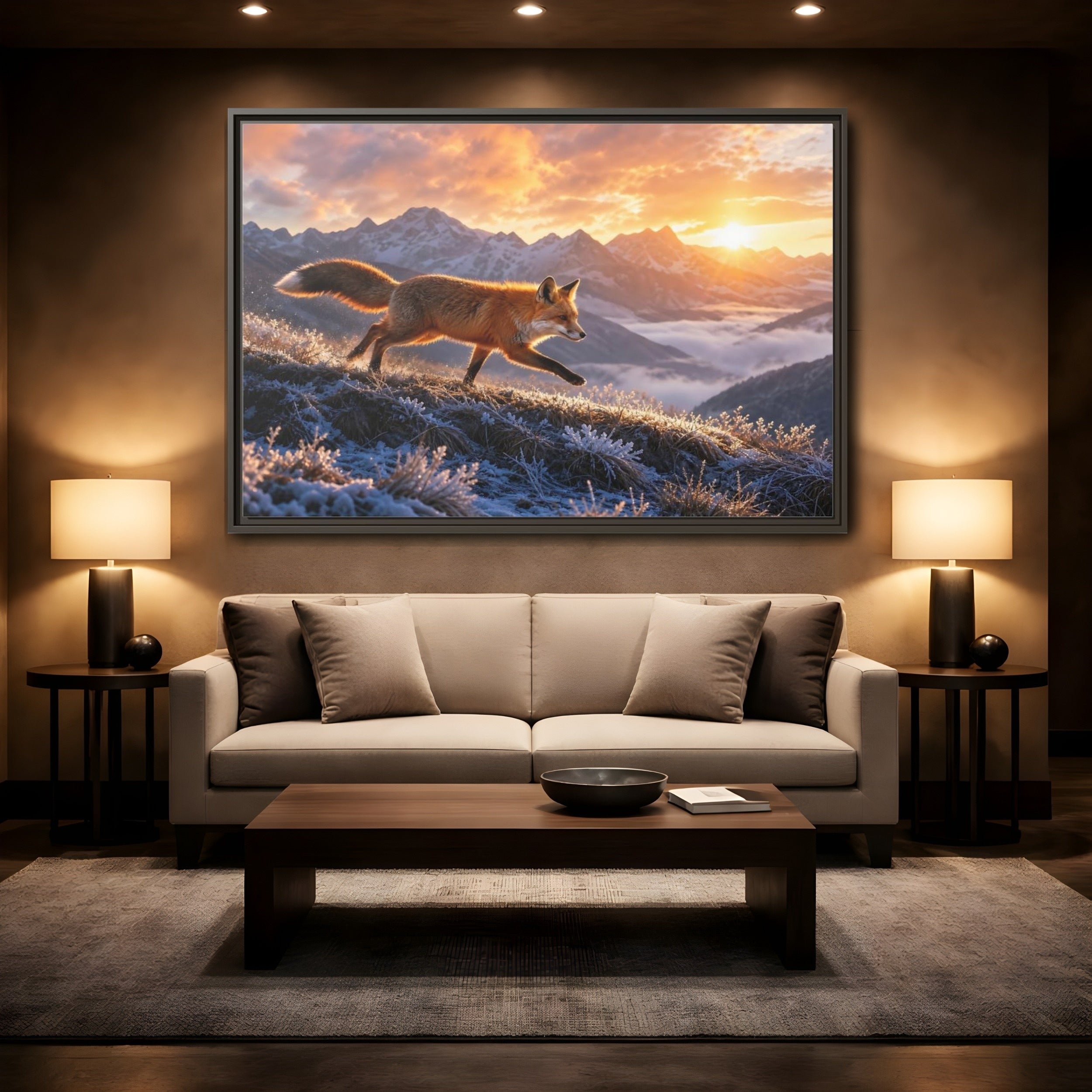 Mockup 2. Animals Red Fox Red Fox Sunset shown as stretched canvas wall art