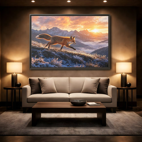 Mockup 2. Animals Red Fox Red Fox Sunset shown as stretched canvas wall art