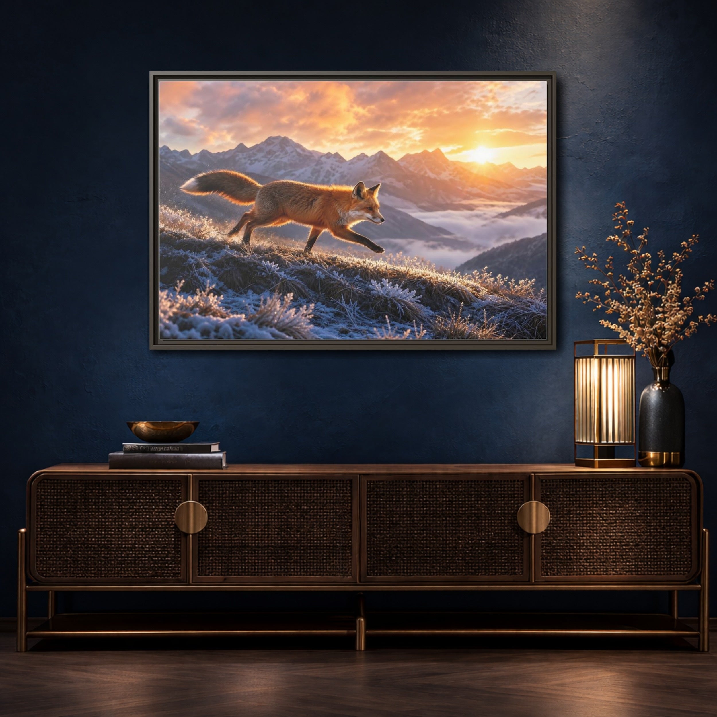 Mockup 4. Animals Red Fox Red Fox Sunset shown as stretched canvas wall art