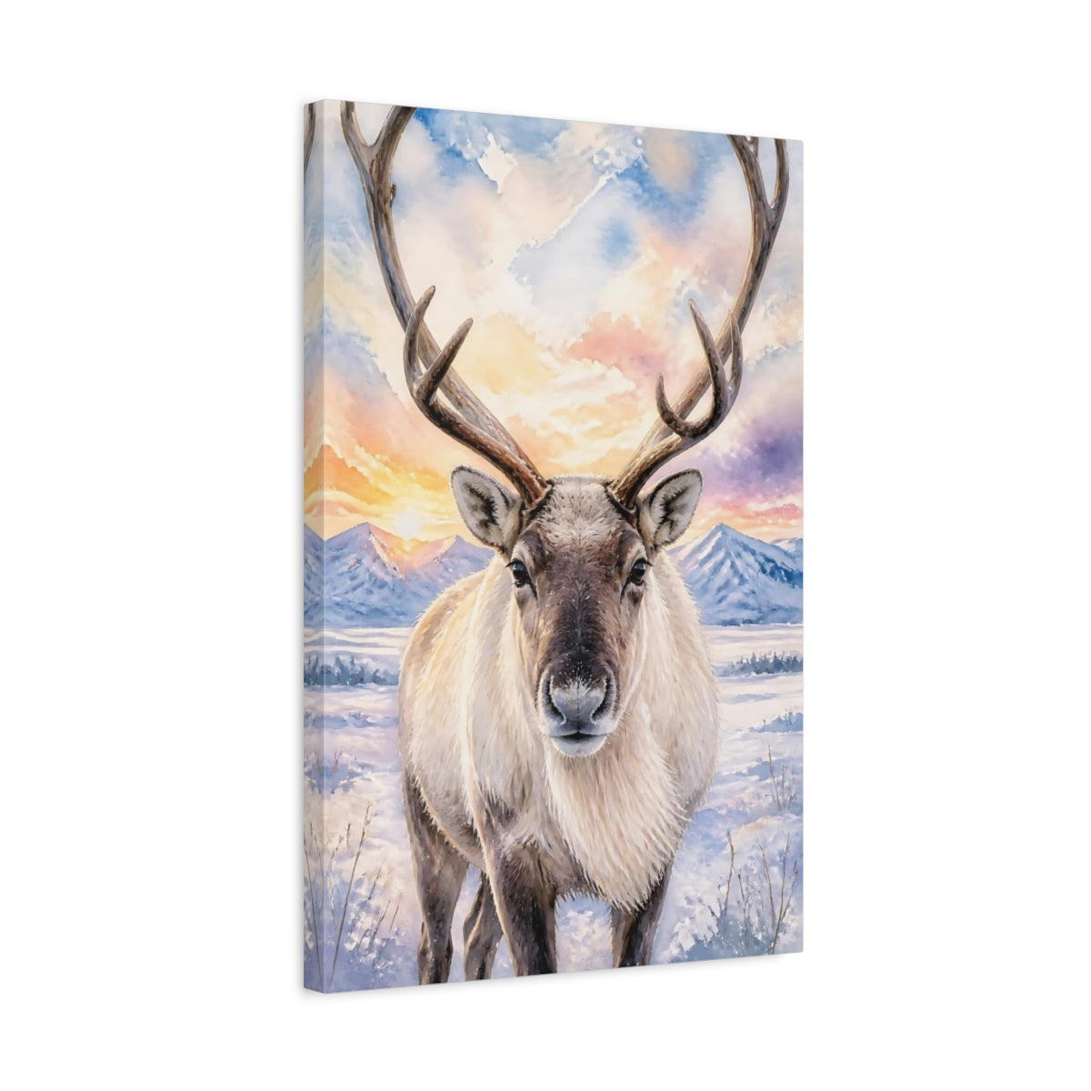 Side Mockup 3. Animals Reindeer Colorful Reindeer shown as stretched canvas wall art