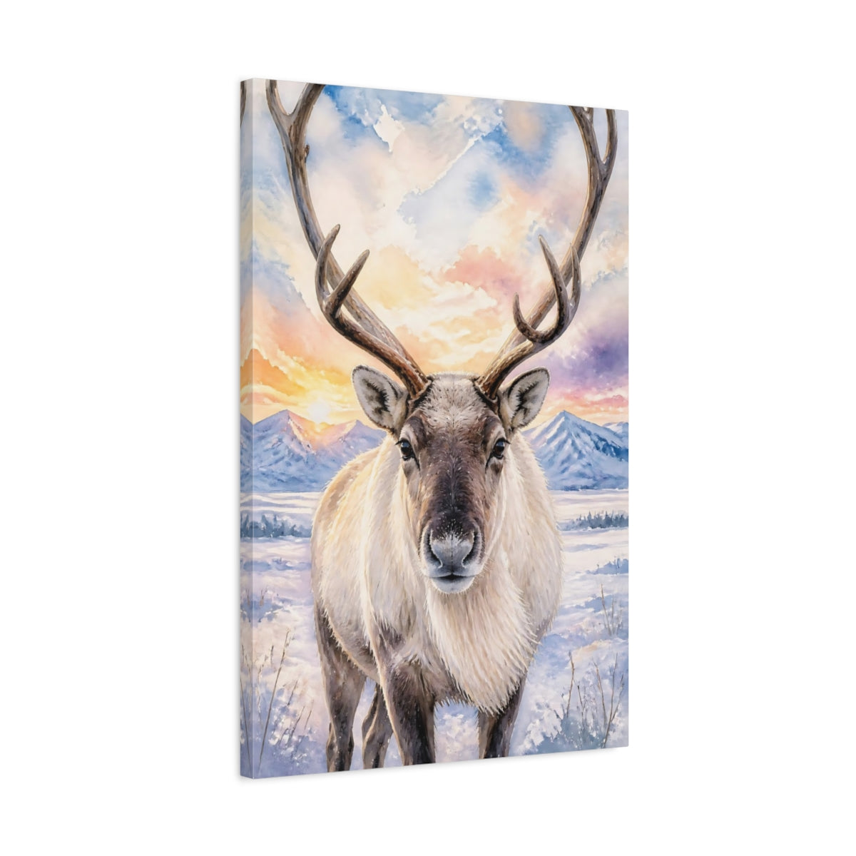 Side Mockup 2. Animals Reindeer Colorful Reindeer shown as stretched canvas wall art