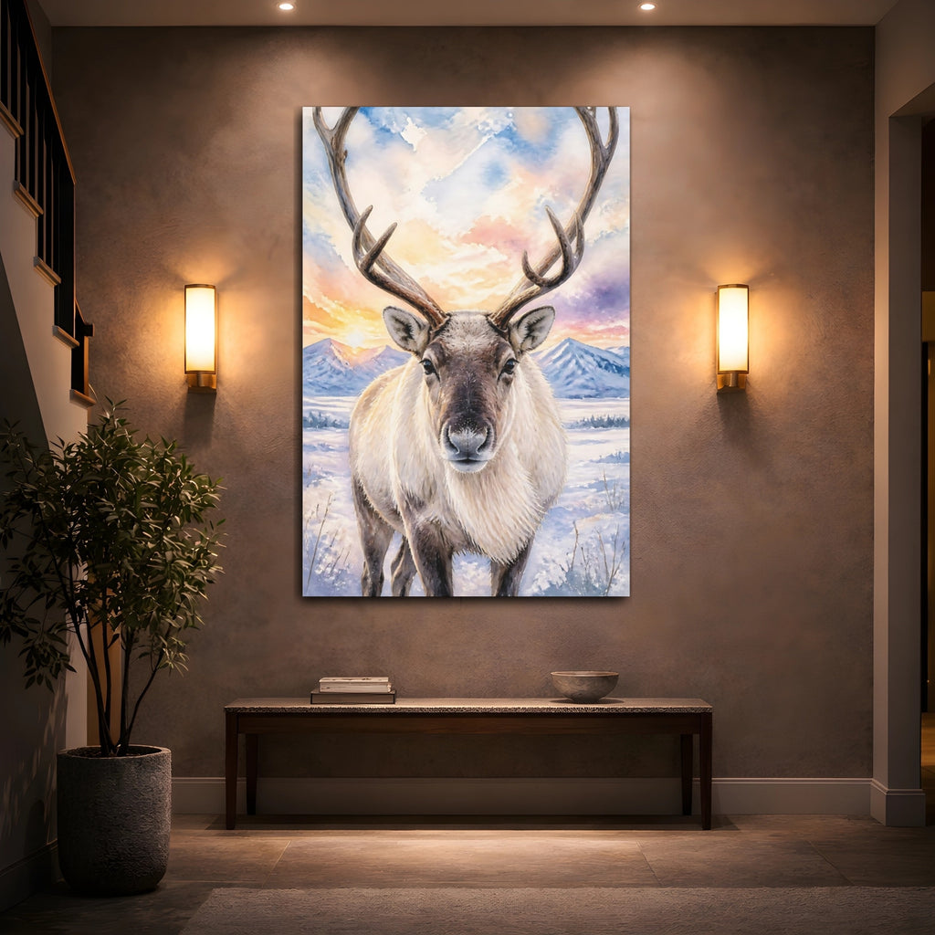 Mockup 2. Animals Reindeer Colorful Reindeer shown as stretched canvas wall art