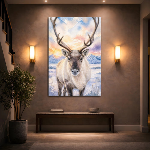 Mockup 2. Animals Reindeer Colorful Reindeer shown as stretched canvas wall art