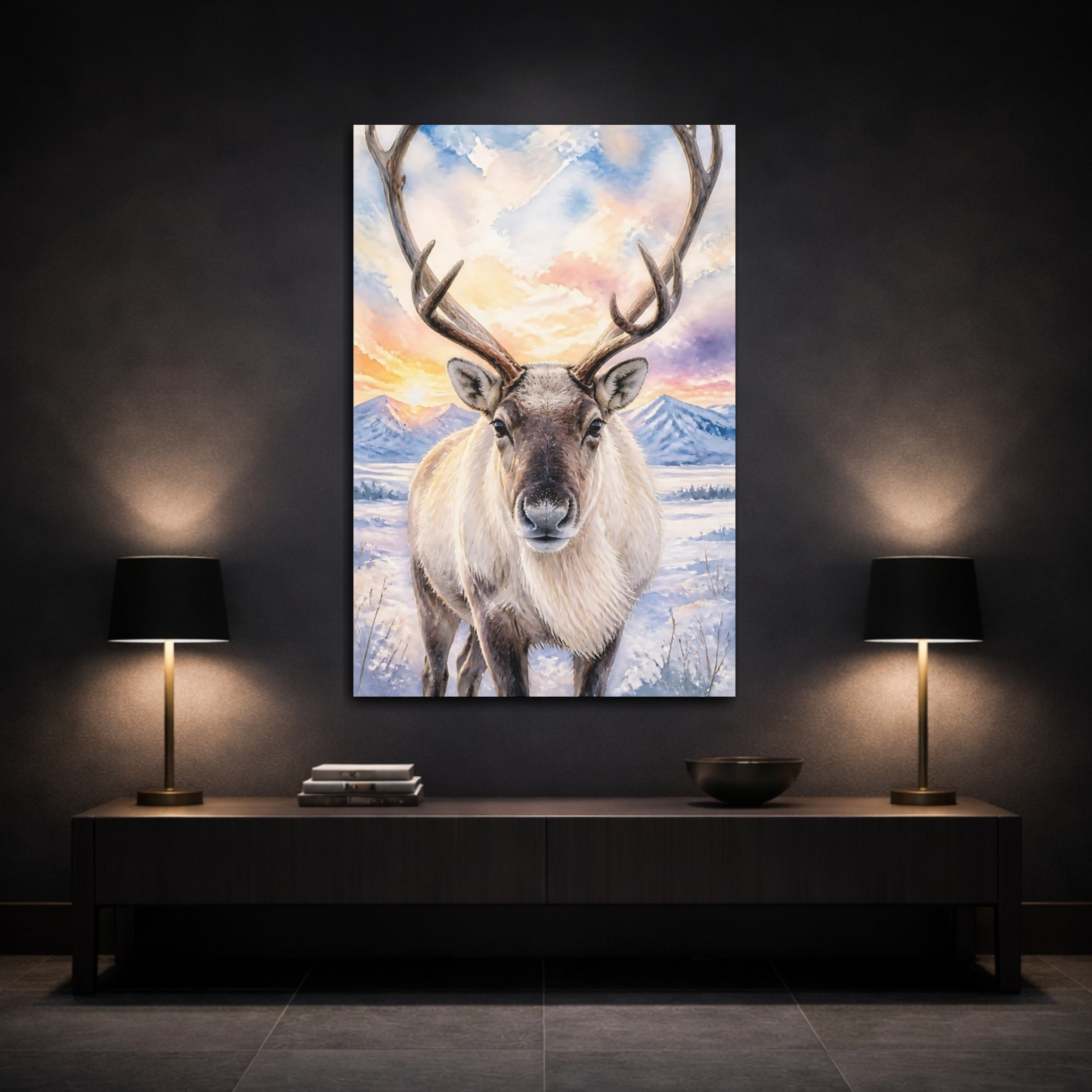 Mockup 3. Animals Reindeer Colorful Reindeer shown as stretched canvas wall art