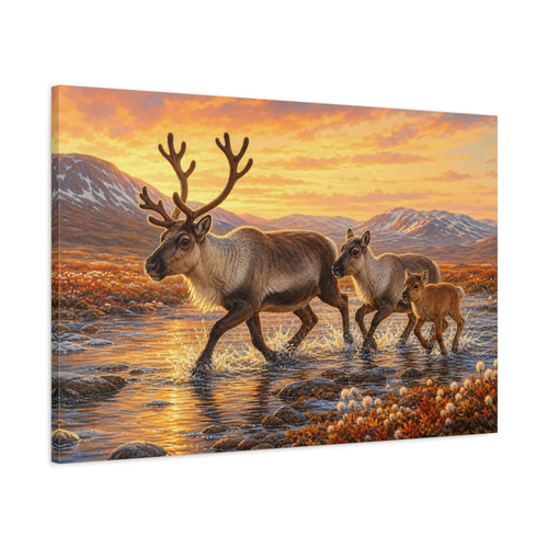 Main Mockup. Animals Reindeer Family Reindeer Family Sunset shown as canvas print