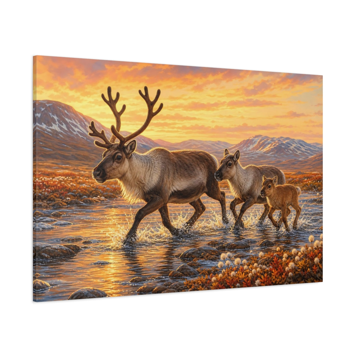 Side Mockup 1. Animals Reindeer Family Reindeer Family Sunset shown as canvas print