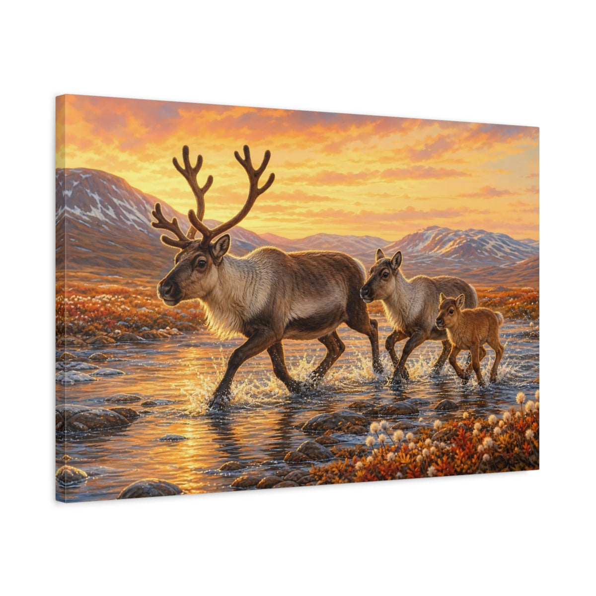 Side Mockup 2. Animals Reindeer Family Reindeer Family Sunset shown as canvas print